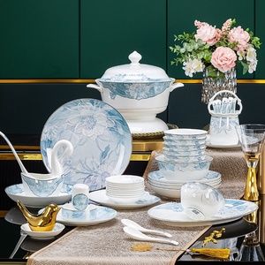 Service complet de bols et assiettes en porcelaine fine (Bone China) à motif végétal, compatible micro-ondes, pour la maison, cadeau d'entreprise Jingdezhen - Product Image 3