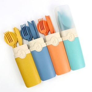 Ensemble de couverts écologiques en paille de blé, quatre couleurs unies assorties, cuillère, fourchette, couteau, baguettes - Product Image 1