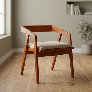 Chaise de salle à manger en bois de style mid-century modern avec accoudoirs en lin et pieds coniques - Product Image 1