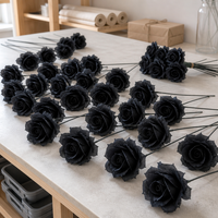 Rose noire artificielle faite à la main en gros, tige unique sans feuilles, 25 cm de tige nue, 30 cm au total, tête de 7,5 cm, en soie, pour Halloween et mariage