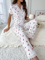 Ensemble de pyjama pour femmes à imprimé cerises, avec bordure en dentelle, haut à manches courtes boutonné et pantalon long, vêtements de nuit, vente en gros, personnalisable