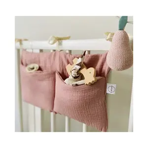 Low MOQ High Quality Muslin Baby Hanging Storage Bag 100% Cotton Nursery Crib Organizer Toy Diapers Storage Pouch