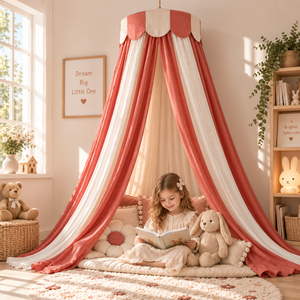 Dusty Red Off-White Portable Foldable Kids Bed <strong>Canopy</strong> 245cm 100% Cotton Dome Hanging Mosquito Net <strong>Nursery</strong> Bedroom Decoration - Product Image 4