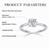 Bague en moissanite, argent sterling 925, ronde, 1 carat, solitaire à quatre griffes, bijoux de fiançailles, de mariage, cadeau pour femme