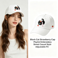 Casquette de baseball en coton blanc avec broderie animale adorable (Fraise, Chat noir), style Dad Hat, pour cadeau, fourniture directe usine, commandes en gros