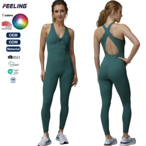 Mono de Yoga con Cuello en V para Mujer, Espalda Cruzada y Detalle Trenzado, Tejido Doble Cepillado para Deportes Casuales, OEM ODM - Product Image 1