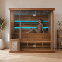 Salle de sauna traditionnelle intérieure en bois de pruche avec panneau de commande interne et chauffage à pierres avec éclairage LED