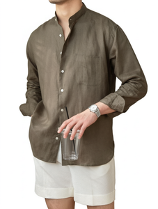 Ensemble chemise et pantalon décontracté pour homme en lin/coton, col mandarin blanc, respirant, écologique, été, ODM - Product Image 1