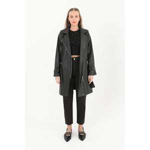 เสื้อโค้ทหนังสีดำสำหรับผู้หญิง สไตล์มินิมอล แขนยาว ผ้าทอ กันน้ำ แจ็คเก็ตตัวยาว - Product Image 3