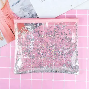 Reizen Transparante Luxe Custom Logo Waterdichte Pvc Helder Make Cosmetische Glitter Tas Tpu Cosmetische Pouch Met Roze Rits