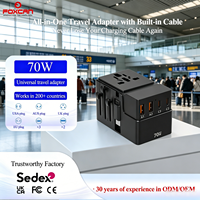 Adaptateur secteur de voyage pour ordinateur portable Foxcan GaN 70W 2USB-C+2USB-A Type-C avec câble PD QC3.0, convertisseur de prise universelle