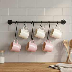 Support mural en métal pour tasses avec 6 crochets pour rangement de cuisine, design minimaliste, finition peinture cuite durable, à un seul niveau - Product Image 5