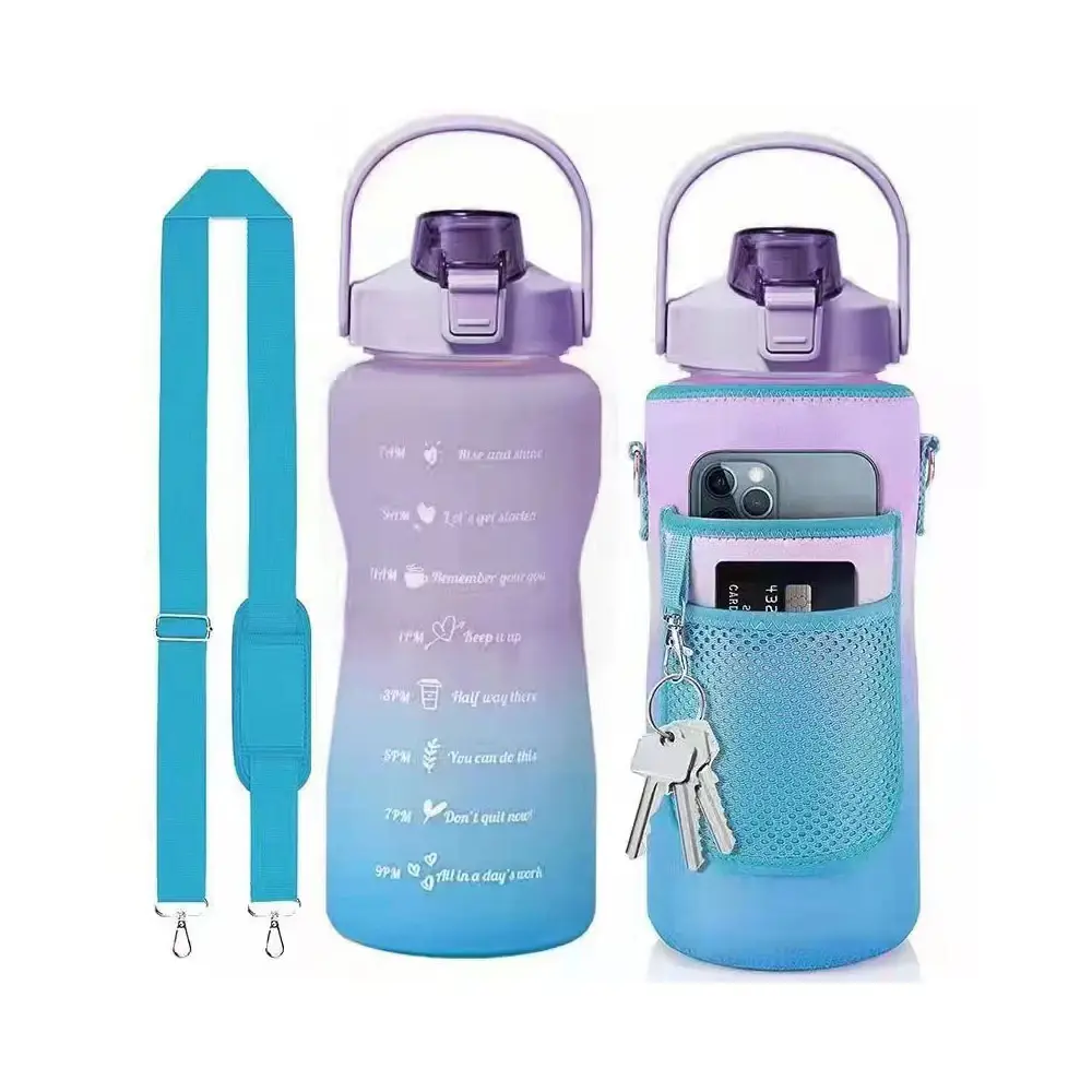 Özel toplu boş spor sızdırmaz çevre dostu 2L Tritan BPA ücretsiz su şişesi motivasyon şişe sürahi anahtarlık ile