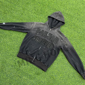 Custom Sticker Embroidery Logo Street Graffiti Splash Washed <b>Zip</b> Pullover Hoodie - Product Image 5