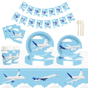 داماي طائرة زرقاء مخصصة أطباق ورقية أطقم مناديل أكواب أواني طعام لوازم حفلات ديناصور لتزيين أعياد الميلاد للأطفال - Product Image 4