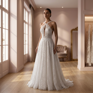 Modern Hand Beaded O-Neck Sleeveless Bridal <b>Dress</b> Crystal Embroidery Draped Satin Skirt Natural Waistline Floor-Length Sweep - Product Image 3