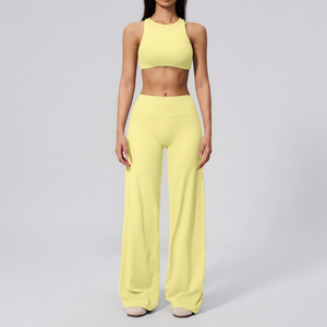 <b>Yellow</b> Seamless Yoga Set High Waist V-neck Half <b>Crop</b> <b>Top</b> Shorts Capri Pants Breathable 100% Polyester 3-Piece Drawstring Closure - Product Image 1