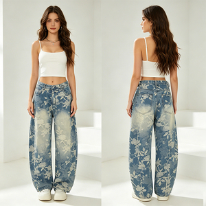 Pantalones Vaqueros Holgados de Mezclilla Azul para Mujer, Diseño Floral <span class=keywords><strong>Jacquard</strong></span>, Corte Holgado y Relajado, Estilo Urbano - Product Image 4