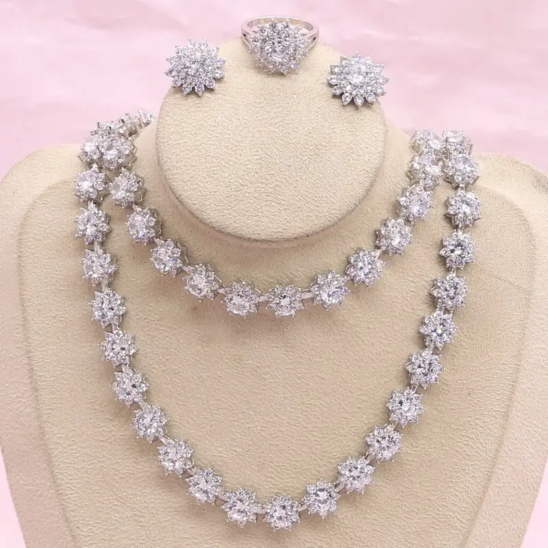 Silver Color Wedding Jewelry Sets For Women White Zircon Earrings Bracelet Pendant Necklace Ring Bridal Party Jewelry