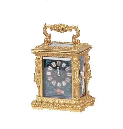 18番目のフレンチスタイルの小さなアンティークゴールドファイン専用真鍮フィギュアケース入り8日間リピーター時計キャリッジクロック/時計