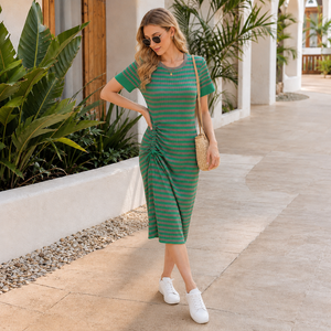 Vestido Midi de Punto a Rayas Verdes para Mujer, Manga Corta, Cuello Redondo, Fruncido, Ajustado, Informal, de Verano, Transpirable, de Algodón - Product Image 2