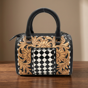 Maleta de Viaje Deportiva de Cuero Genuino con Diseño Floral Tallado a Mano, Patrón a Cuadros, con Cierre, Nueva Colección 2026 - Product Image 3