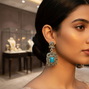 Boucles d'oreilles pendantes vintage en argent 925 avec incrustation de marcassite, forme bouclier, perle d'eau douce, cadeau de mariage pour femme, bijoux du Rajasthan - Product Image 4