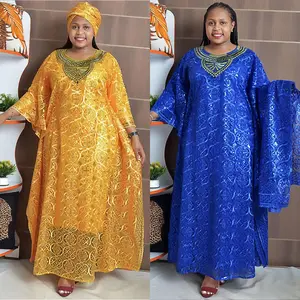African Women Embroidered Lace Loose Bat Sleeves Dress Robe Tank Top Three piece Set Dress With Hijab