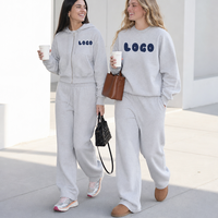 Ensemble décontracté deux pièces en molleton gris chiné pour femme, avec logo personnalisé OEM, comprenant un sweat-shirt ample à col rond et un pantalon de survêtement