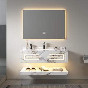 Meuble-lavabo mural moderne OEM Sinered avec miroir LED intelligent, dessus en marbre facile à nettoyer et double vasque - Product Image 1