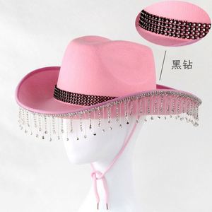 Chapeaux de cow-boy style western en promotion pour marié et mariée, chapeau de cow-boy rose avec strass pour fête - Product Image 2