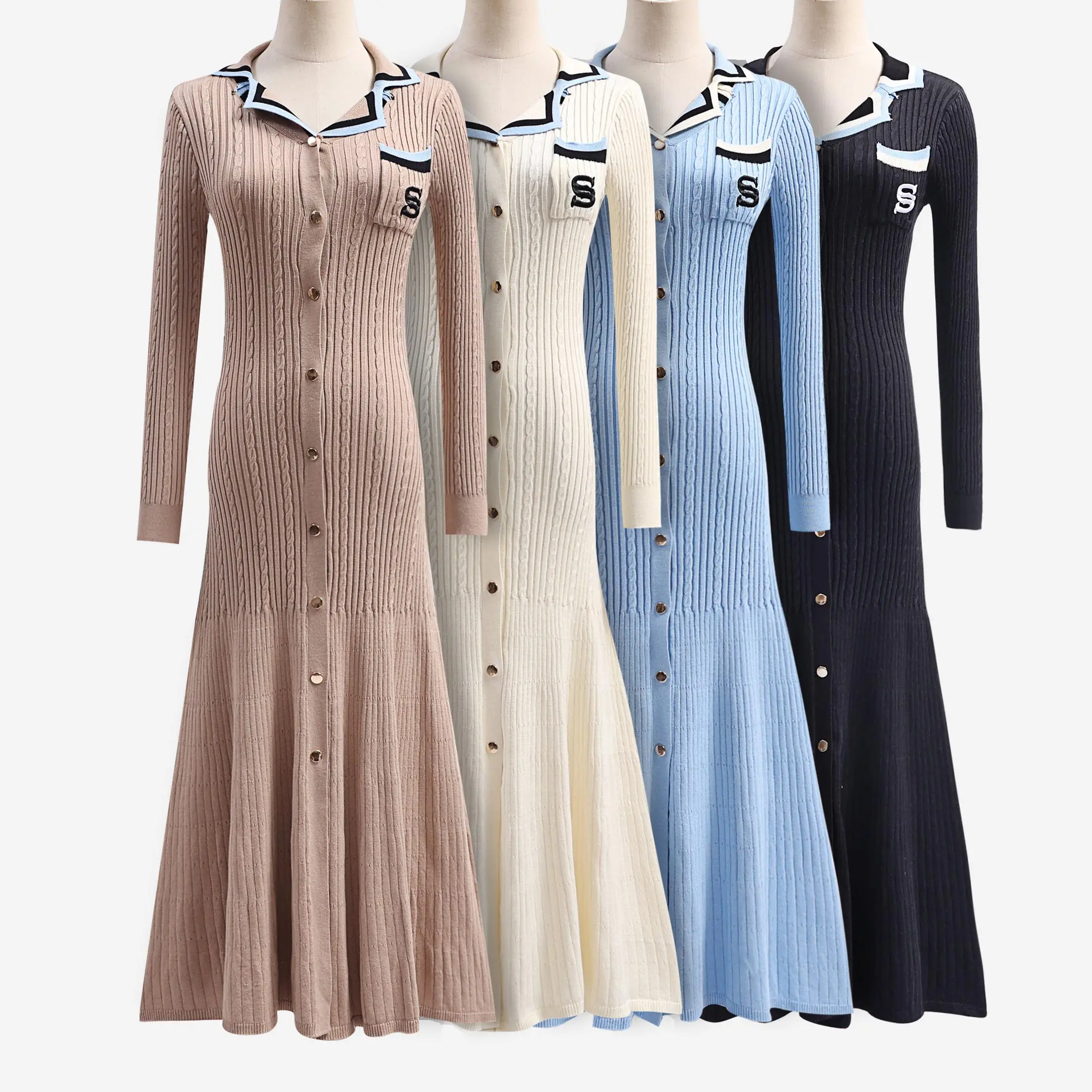 Party party small fragrance quality slim dress polo collar advanced sense long skirt matching color waist slimming knit skirt