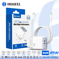 Cargador GaN de 45W al por Mayor de HUGEEL, Adaptador Tipo-C con Carga Rápida PD, Cargador de Pared USB-C Mini con Certificación GS y CE para Teléfono y Portátil