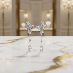 Orecchini Pendenti E3103 in Oro Bianco con Fiore, Cristalli e Strass, Gioielli di Lusso da Sposa per Donna - Product Image 2