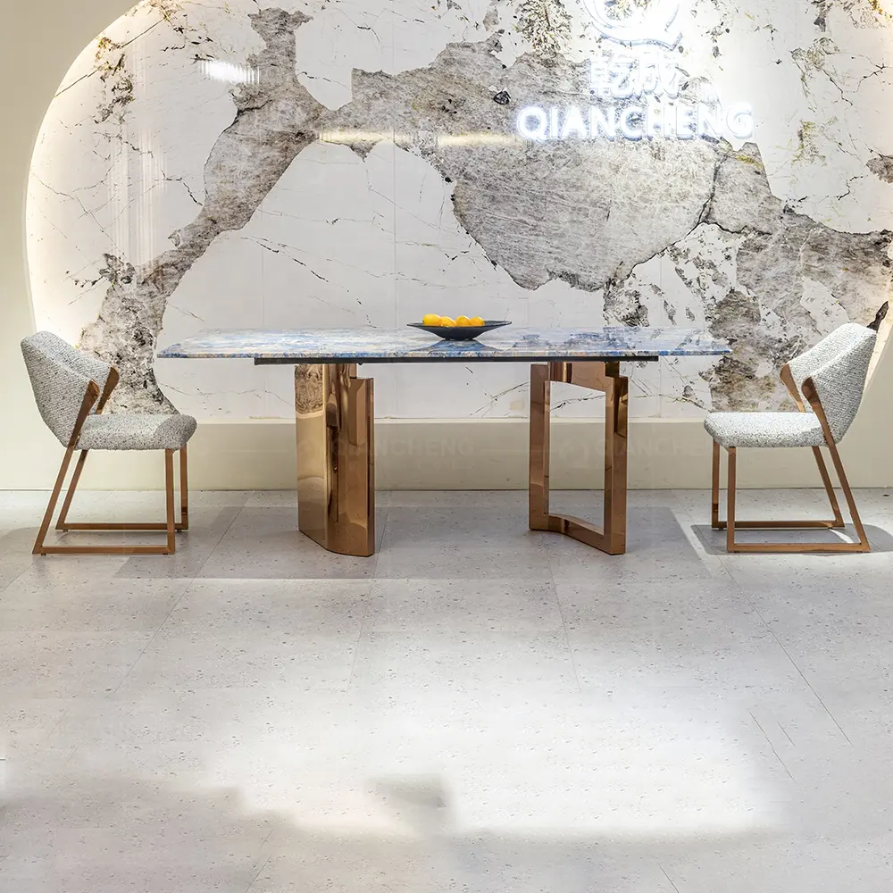 Ensemble de table à manger de luxe avec dessus en imitation marbre pour bar de cuisine moderne nordique en acier inoxydable or rose-table à manger