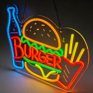 Hamburger fries neon LED indoor hanging ambient light shop <b>sign</b> wall decoration light entrance indicator light luminous <b>sign</b> - Product Image 6