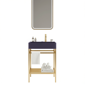 Meuble-lavabo de salle de bain 24 pouces avec vasque en céramique violet brillant, structure en métal doré, lavabo console autoportant avec miroir inclus - Product Image 1