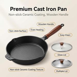 Poêle à frire antiadhésive en fonte avec revêtement de qualité alimentaire, résistante à la chaleur, manche en bois, compatible avec toutes les plaques de cuisson, pour la cuisine domestique - Product Image 2