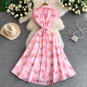 <span class=keywords><strong>Abito</strong></span> <span class=keywords><strong>Camicia</strong></span> Floreale da Donna a Maniche Corte con Cintura in Vita, Vestito <span class=keywords><strong>Midi</strong></span> a Trapezio con Bottoni Frontali, <span class=keywords><strong>Abito</strong></span> da Festa Rosa Primavera Estate - Product Image 4