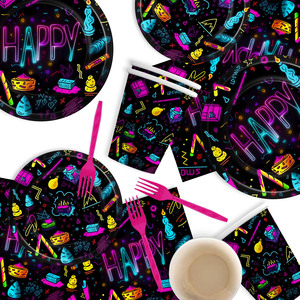 Vajilla Temática Brillante para Fiestas, Platos de Papel con Luz de Neón para Cumpleaños Infantiles, Juego de Vajilla de Papel con Tema de Neón - Product Image 1