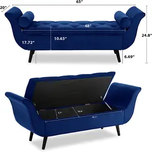 TOSEE High Quality Velvet Fabric Roll Edge Button Tufted Solid Wood Legs Upholstered Storage Bench