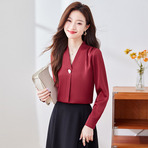 Women Satin Long Sleeve Blouse V Neck Polyester Elegant Commuting Shirt - Product Image 2