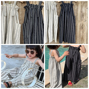 Mono de tirantes sin mangas de vendaje informal para niñas, monos con estampado de rayas a la moda, pantalones largos, ropa para niños - Product Image 2