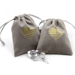 Luxe Grijs Fluwelen Tas Met Custom Logo Sieraden Verpakking Gift Fluwelen Zakje