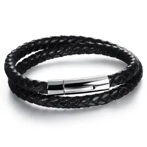 Simple Design Wholesale Mens Bracelets Exquisite Snap Button Slap Black Rope Bracelet Leather