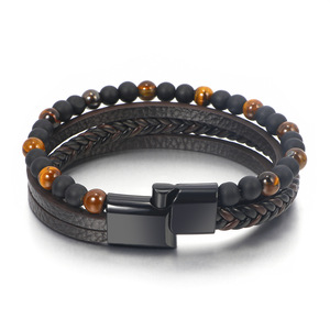 Pulsera de Hombre de Cuero Genuino con Cuentas de Obsidiana Natural, Ojo de Tigre y Aleación - Product Image 4