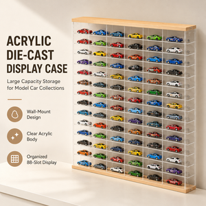 Vitrine en acrylique transparent à 60 emplacements pour voitures miniatures à l'échelle 1/64 Hot Wheels Tomica, support mural avec base en <span class=keywords><strong>bois</strong></span> - Product Image 3
