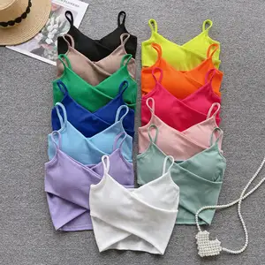 Fashion custom cotton rib summer lady vest sleeveless good quality singlet with chest pad crop top vest for girls