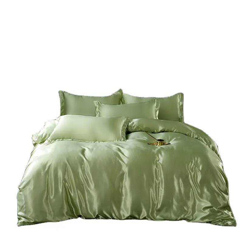 Hot Sale Solid Luxury Green Smooth Satin Silk Quilt Cover Bedding Set With Pillow Case