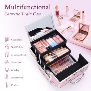 <b>Makeup</b> Storage Box with Mirror Portable 2-Tier Cosmetic Train <b>Case</b> Organizer for Cosmetics Nail Tools Make up Artist Travel <b>Case</b> - Product Image 2